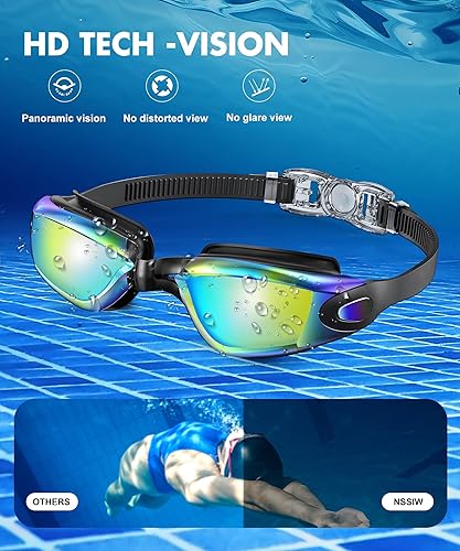 Miniatura 4 de NSSIW Gafas de natación para adultos, para hombres y mujeres antivaho sin fugas y campo de visión ultra ancho, paquete de 3