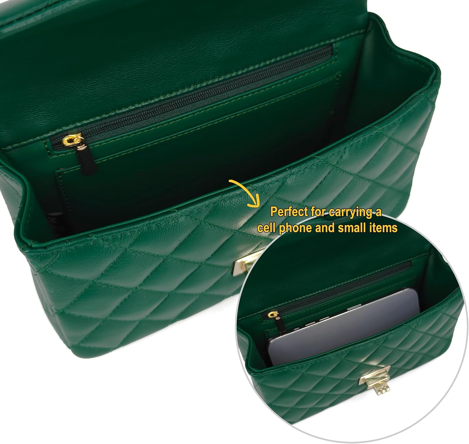 Small Quilted Crossbody Bag for Women, Genuine Leather Mini Shoulder Flap Purse with Gold Chain Strap & Top Handle - Image 4