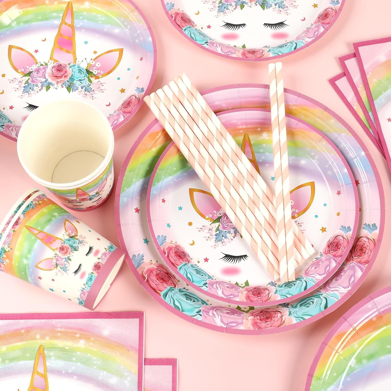 Unicorn Birthday Decorations for Girls - 82 Pcs Rainbow Unicorn Party Supplies include Disposable Tableware, Tablecloths and Banners, Pink Floral Birthday Party Decor Serves 16 - Image 5