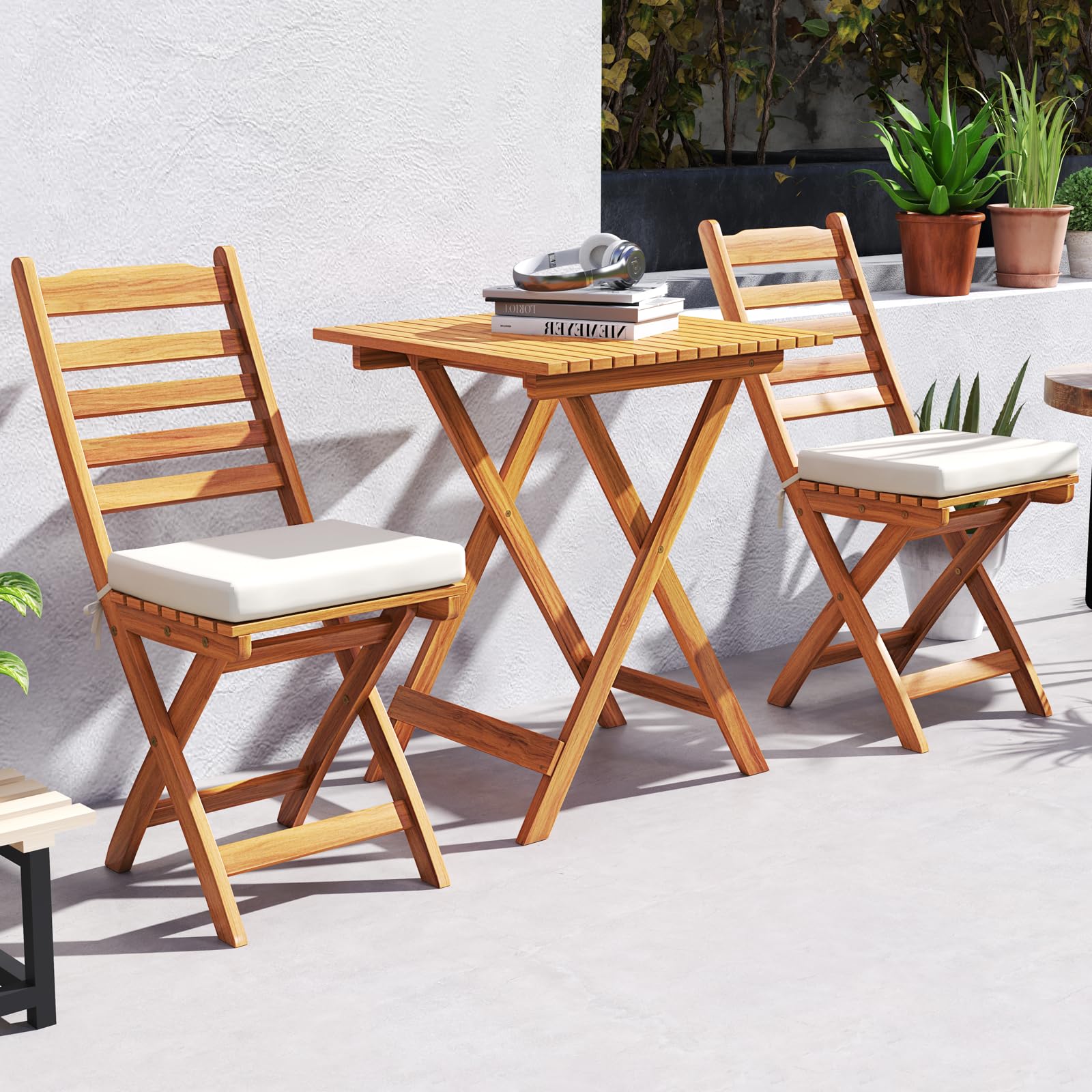 COSTWAY Bistro Set Esterno Legno Acacia Tavolo 2 Sedie Pieghevoli con Cuscini