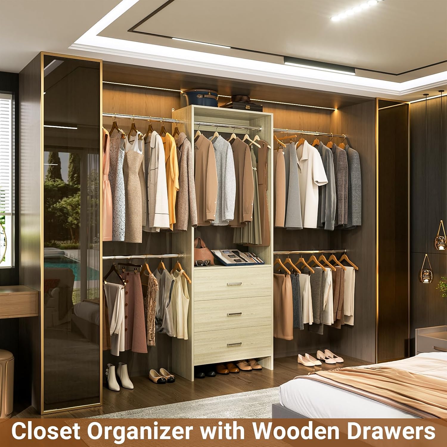 Aheaplus Closet System with clothes hanging on rods and items stored in drawers