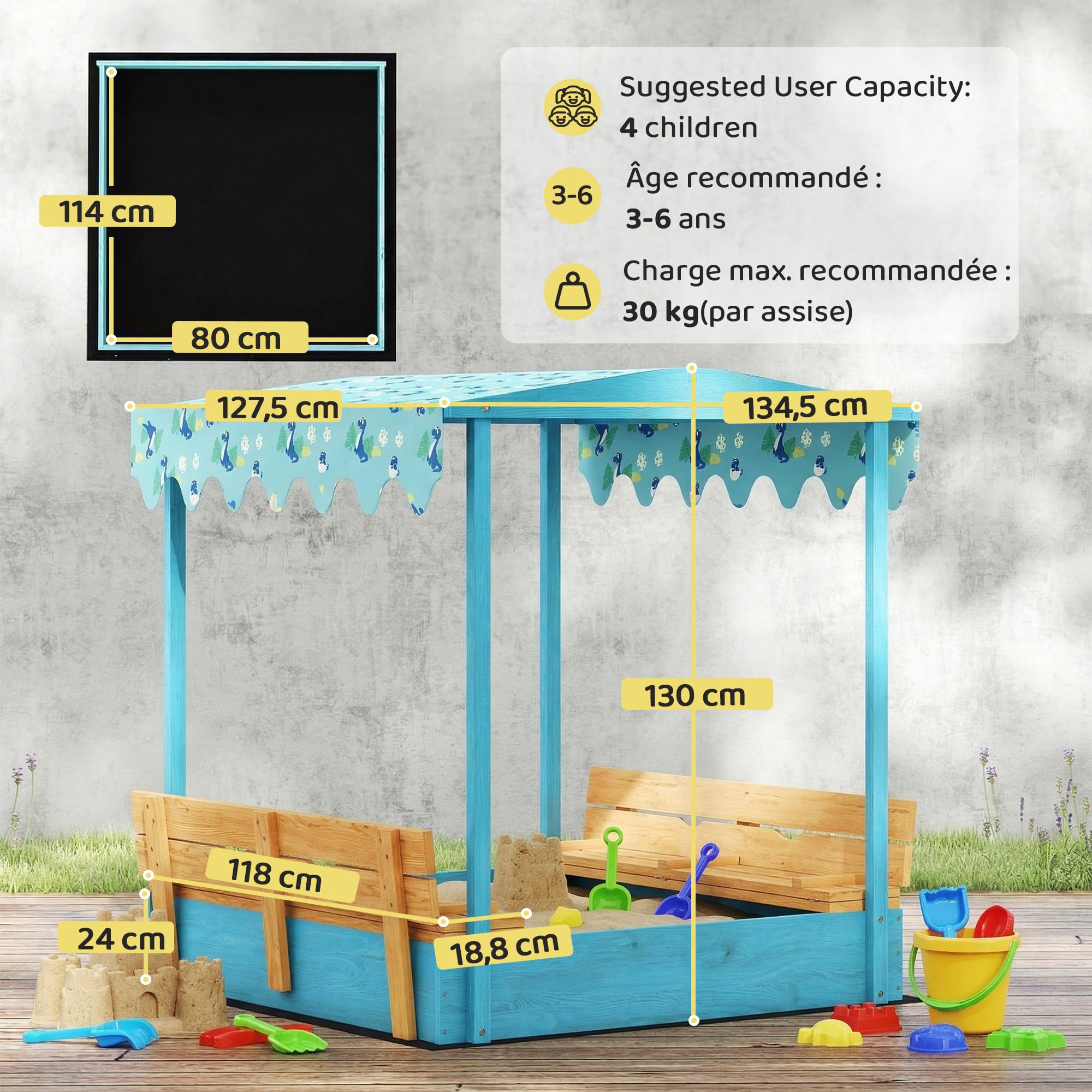 AIYAPLAY Bac à Sable en Bois avec Couvercle, bac à Sable Enfant extérieur avec siège Pliable, Espace de Rangement, Toile imprimée Dinosaures, Fond Inclus, pour 3 à 6 Ans, 134,5x127,5x130cm, Bleu