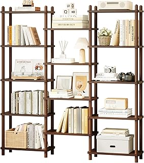 IOTXY Wooden Triple Wide Bookshelf, 5-Tier Large Open Bookcase, Walnut