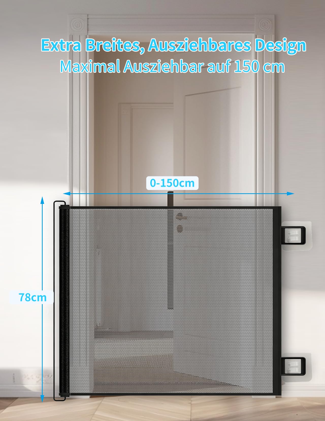 Treppenschutzgitter Ausziehbar für Babys, 0-150cm Treppenschutzgitter Türschutzgitter Ausziehbar Geeignet für Innen Außenbereich, Sicherheitsgitter (Schwarz-150CM), Inklusive Installationszubehör