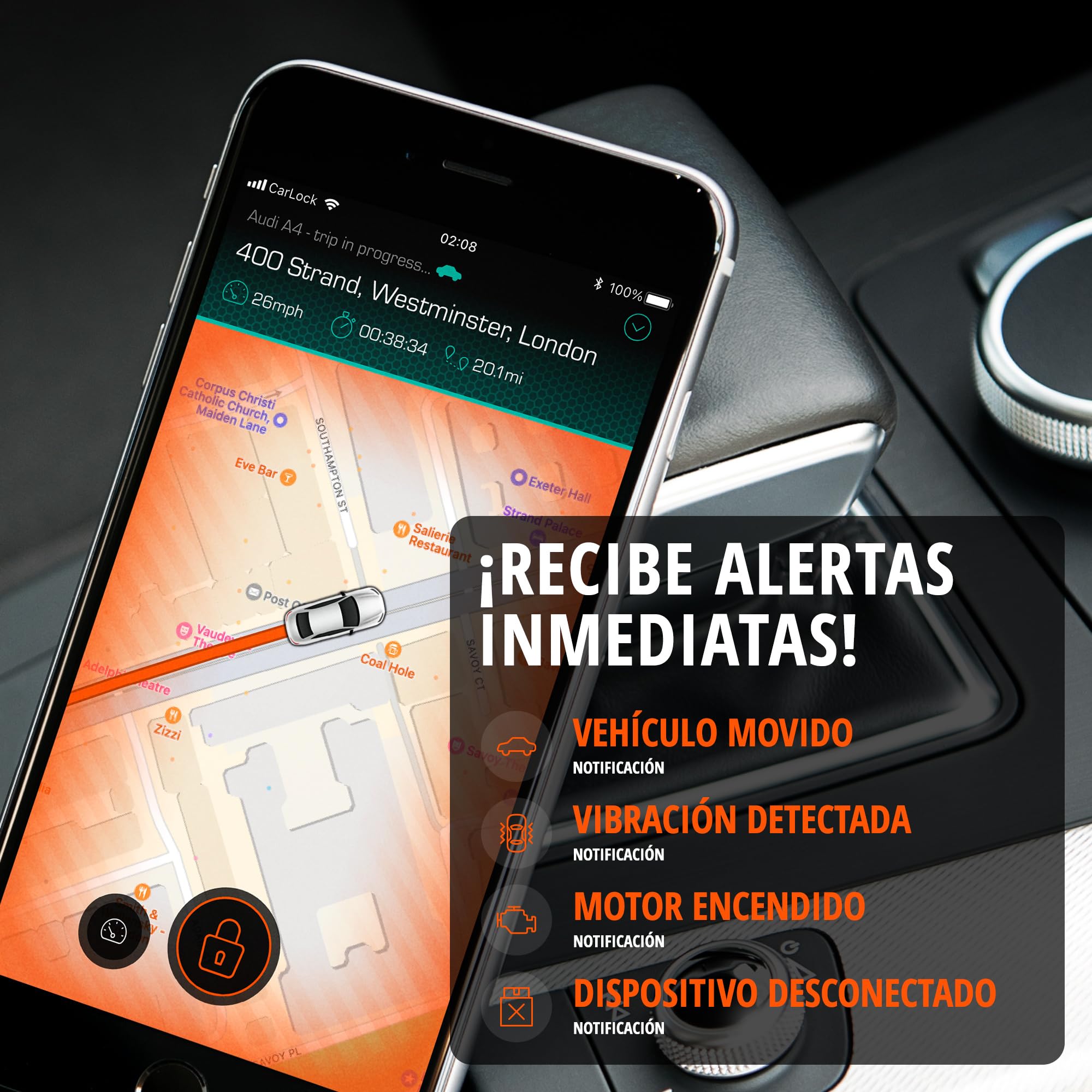 CARLOCK Basic GPS Coche Localizador, Alarma para Coche y Antirrobo Coche. Rastreador GPS en Tiempo Real, Notifica Inmediatamente Vibraciones o Movimientos Sospechosos. Seguridad Completa del Coche