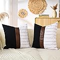 cygnus Decorative Pillow Covers 18x18,Black Linen and Striped Throw Pillow Covers with Dark Brown Faux Leather Accent,Mo