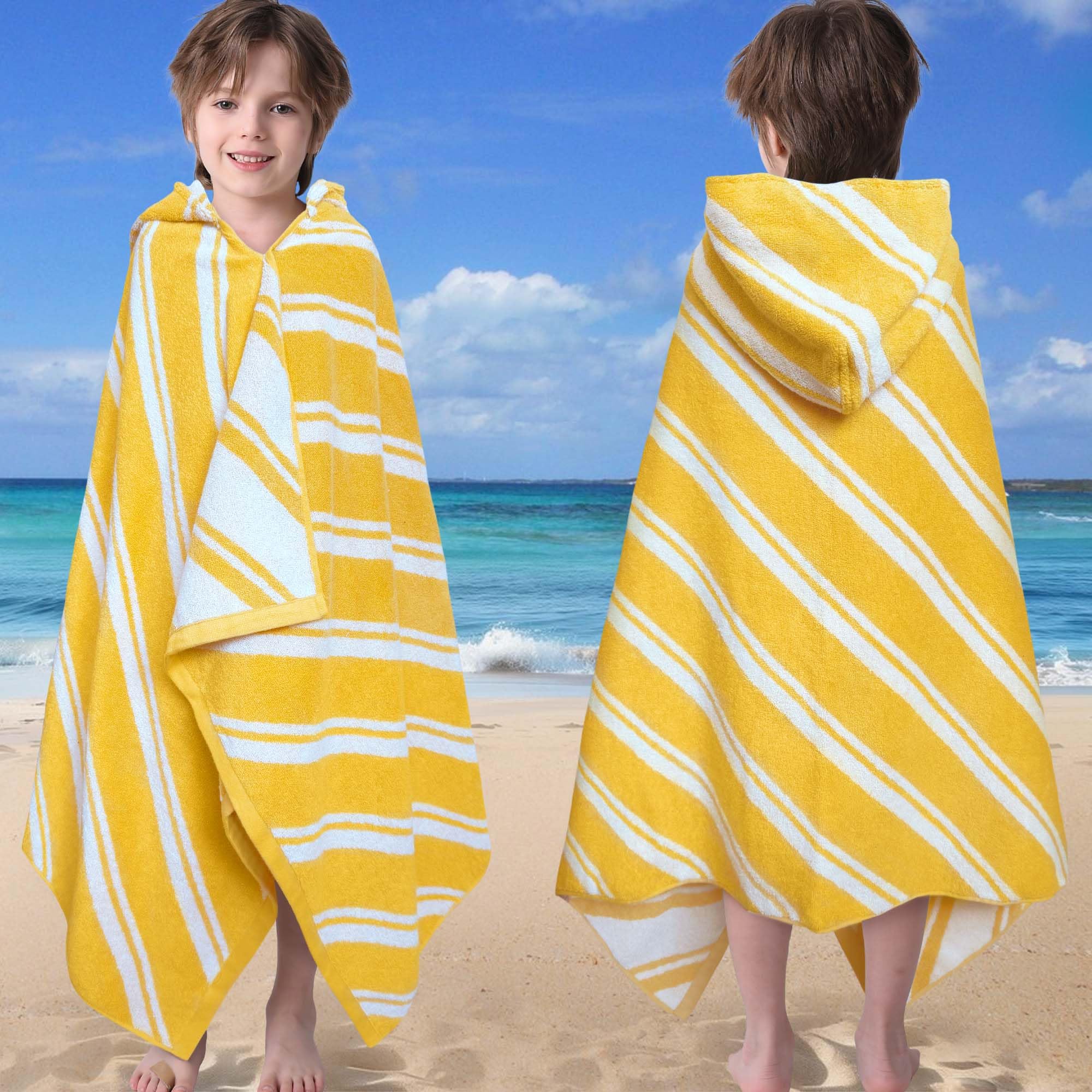 VOOVA & MOVAS Kids Swim Towel,3-10 Years,100% Cotton | Delicate Jacquard Fabric, Ample Size, Quick Water Absorption, Works for Bath, Pool, Beach and Swimming Trips Stripe-yellow Hooded Wrap Towel(Age 3-10)