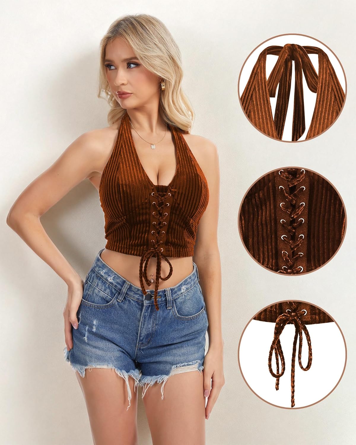 Feiersi Womens Lace Up Corset Crop Tops Halter Neck Backless Going Out Tank Concert Outfits - Image 4