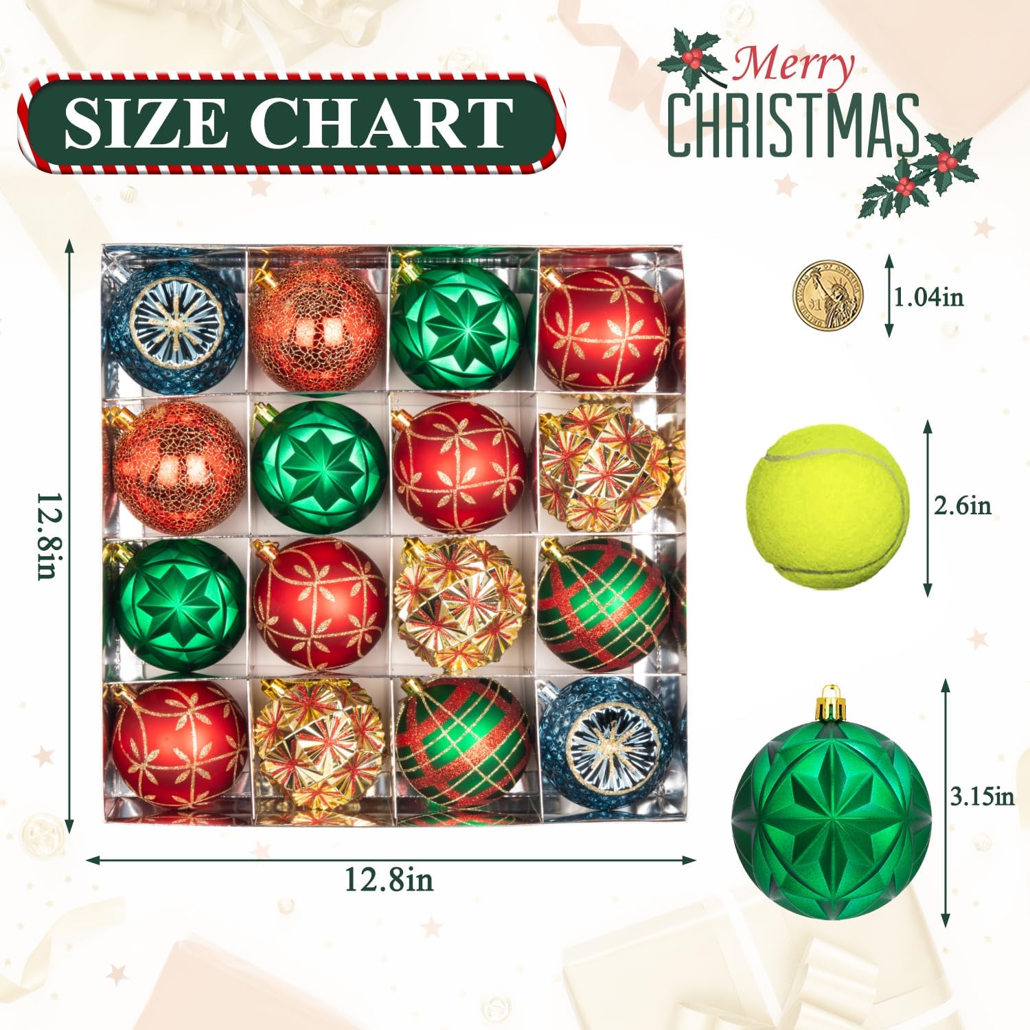 3.15" Red Green Gold Blue Christmas Ball Ornaments Set, 16ct Luxury Hand-Painted Shatterproof Large Hanging Bulbs, Bulk for Tree Wreath Holiday Decoration - Image 4