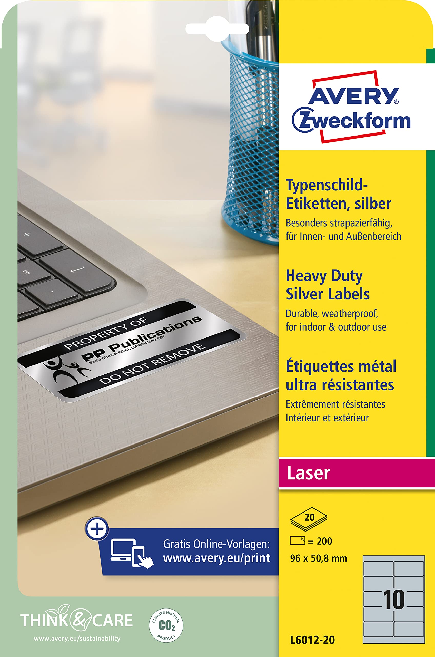 Avery Zweckform, L6012-20, Etichette ultra resistenti in poliestere per prodotti e dispositivi, 20 fogli, 96 x 50,8 mm