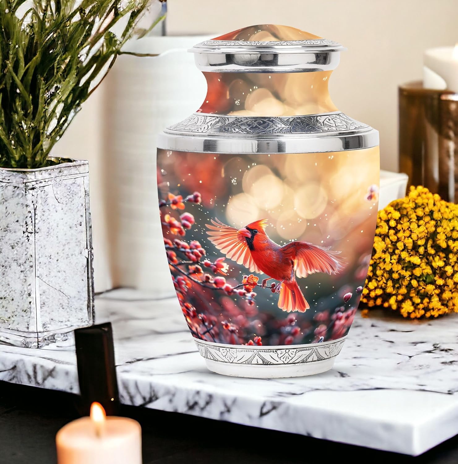 Cardinal Bird Urn Ashes, Pack of 3 (10 Inch Urn with 3 Inch Urn, Set of 2), Cremation Urns for Human Ashes, Dog Urns for Ashes, Urns for Human Ashes Adult Man, Gray Urn for Ashes