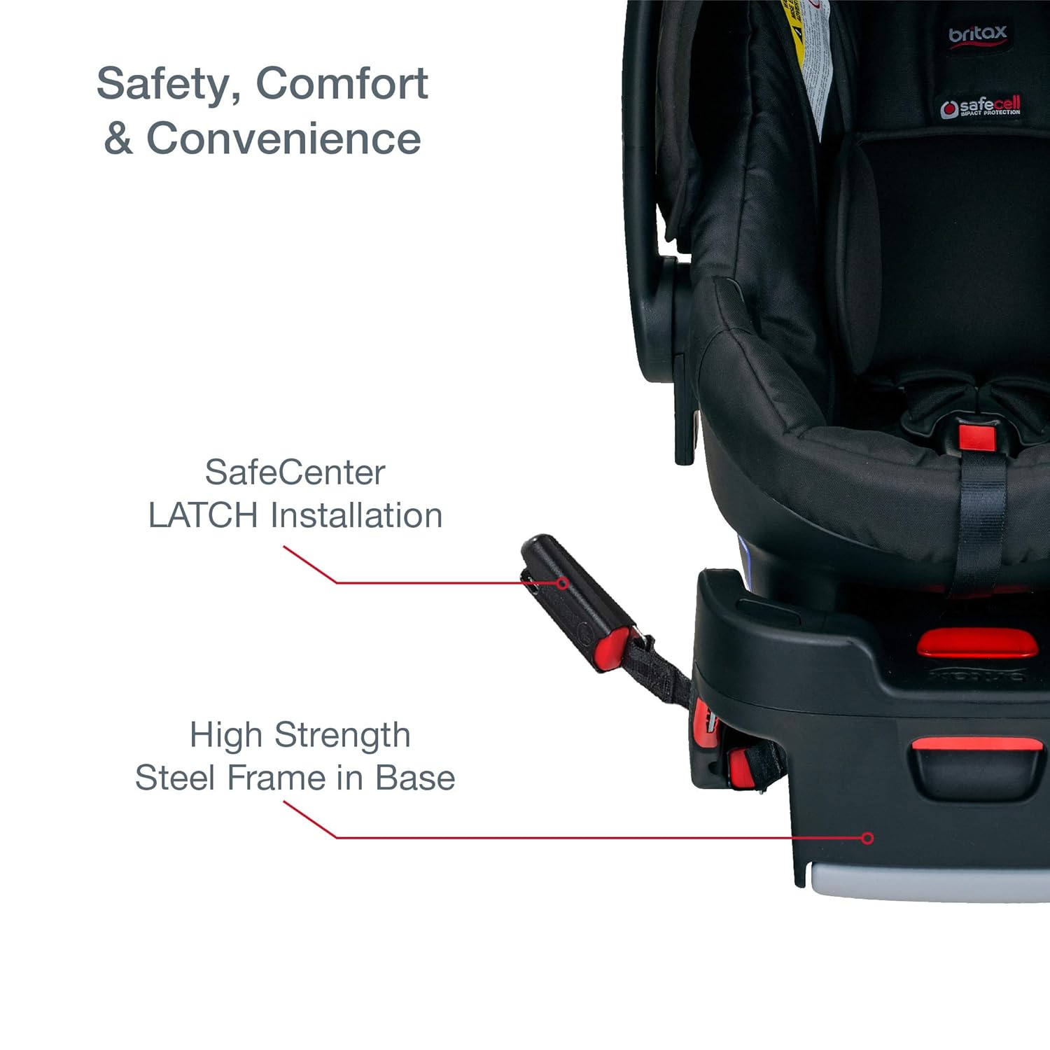 Close-up of the BRITAX B-Safe 35 car seat base highlighting the SafeCenter LATCH installation system and high-strength steel frame.
