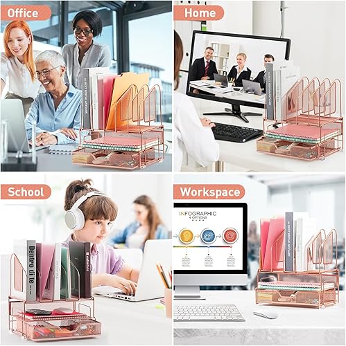 Miniatura 4 de Beiz Organizador de escritorio de oro rosa y almacenamiento de accesorios con 5 soportes verticales para carpetas de archivos, 2 bandejas de papel,