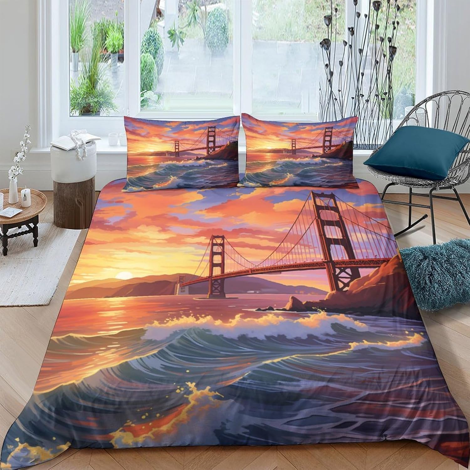 Housse de couette paysage de pont de la ville 260x240 cm parure 3 pièces