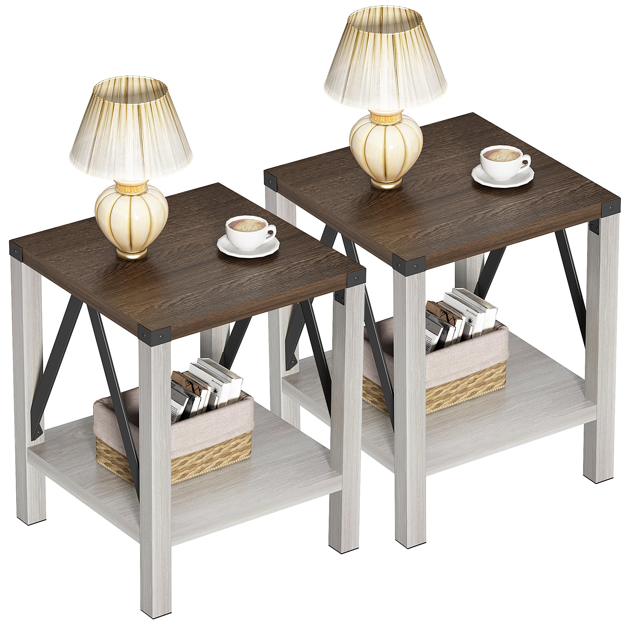 (SIMILAR TO STOCK PHOTO)Treocho Farmhouse End Table Set of 2, Rustic Vintage Nightstand Side Table with Shelf for Living Room, Antique White & Brown