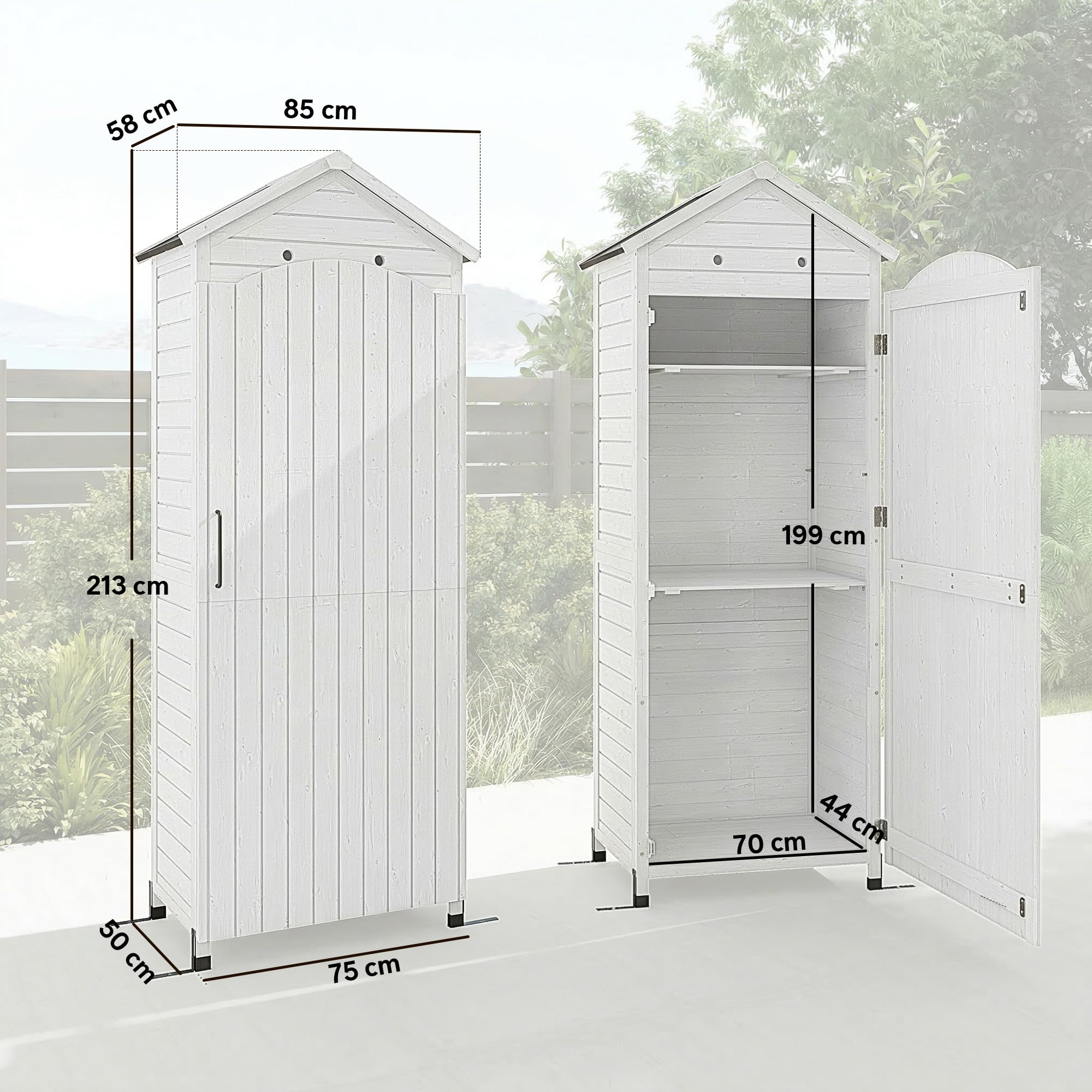Outsunny Armario de jardín de madera extraalto con estante ajustable, puerta galvanizada, techo, ventilación, protección antivuelco, 85 x 58 x 213 cm, para jardín, terraza, color blanco