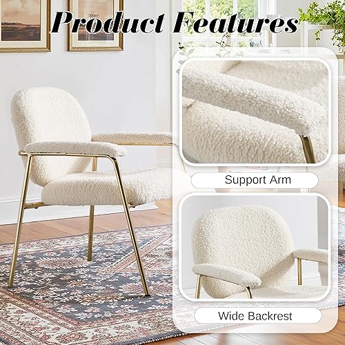 Miniatura 4 de Juego de 2 sillas decorativas, sillón tapizado de sherpa, silla auxiliar de lectura, cómoda silla de sala de estar con patas de metal dorado para