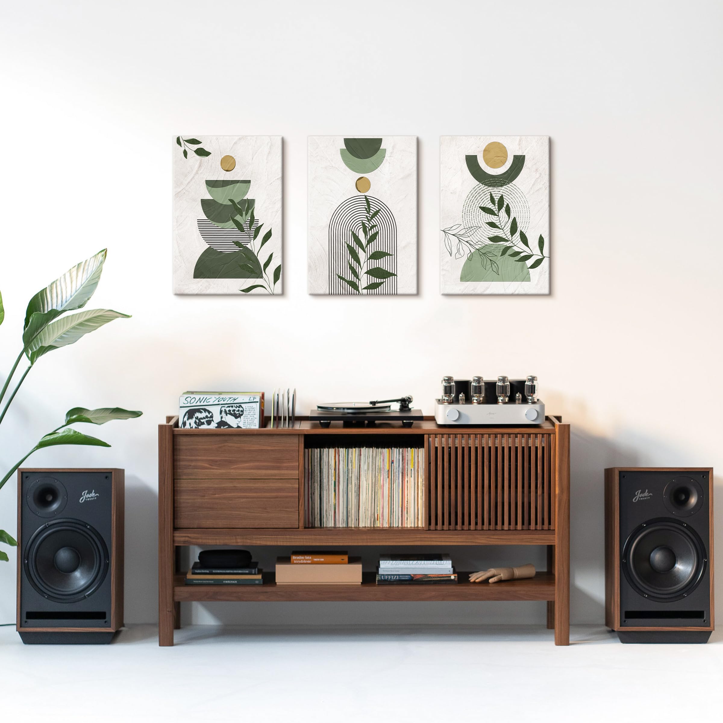 3 Pcs Wooden Framed Canvas Wall Art Set Bohemian Sage Green Canvas Prints Poster Geometric Line Beige Green Pictures for Living Room Bedroom Dinning Room Hallway Stairs Wall Decor 30x40cm x3pcs — view 55