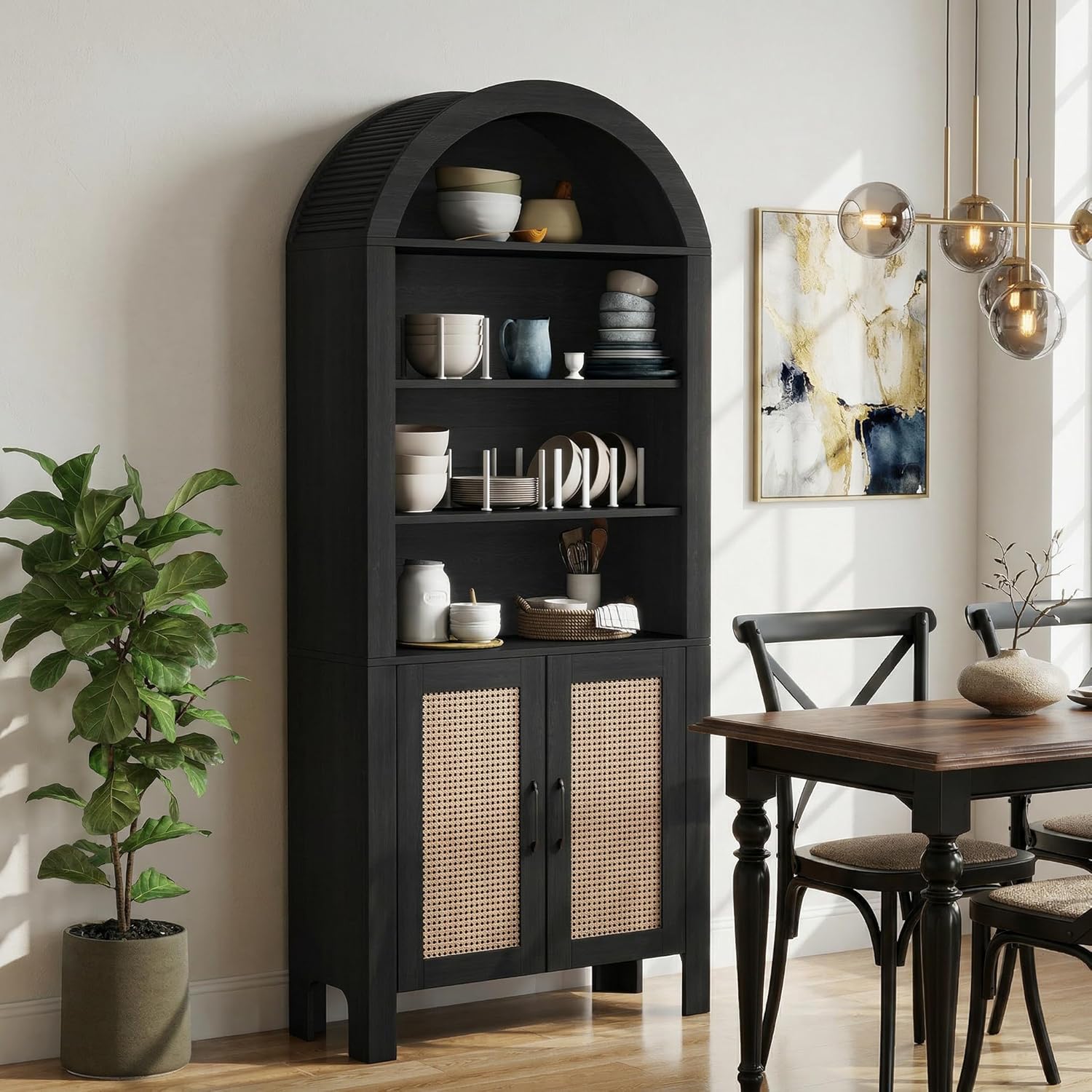 71'' Tall Arched Cabinet, Boho Bookshelf with Adjustable Shelves, Narrow 6-Tier Bookcase for Living Room, Kitchen, Office (Brown)