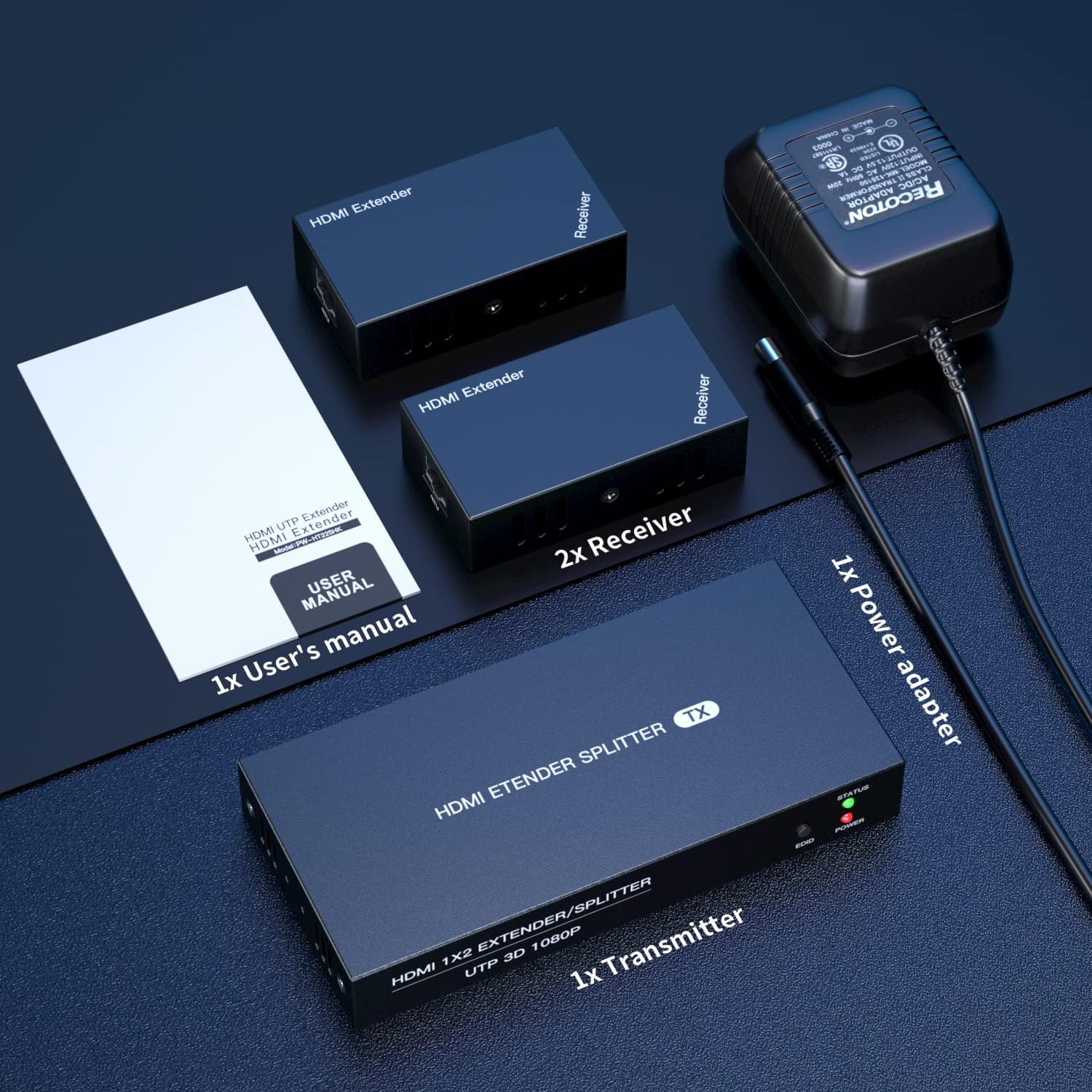 Key features of the PWAYTEK HDMI Extender Splitter: 50m range, 1080P resolution, POC, EDID, 2 remote outputs, 2 local outputs