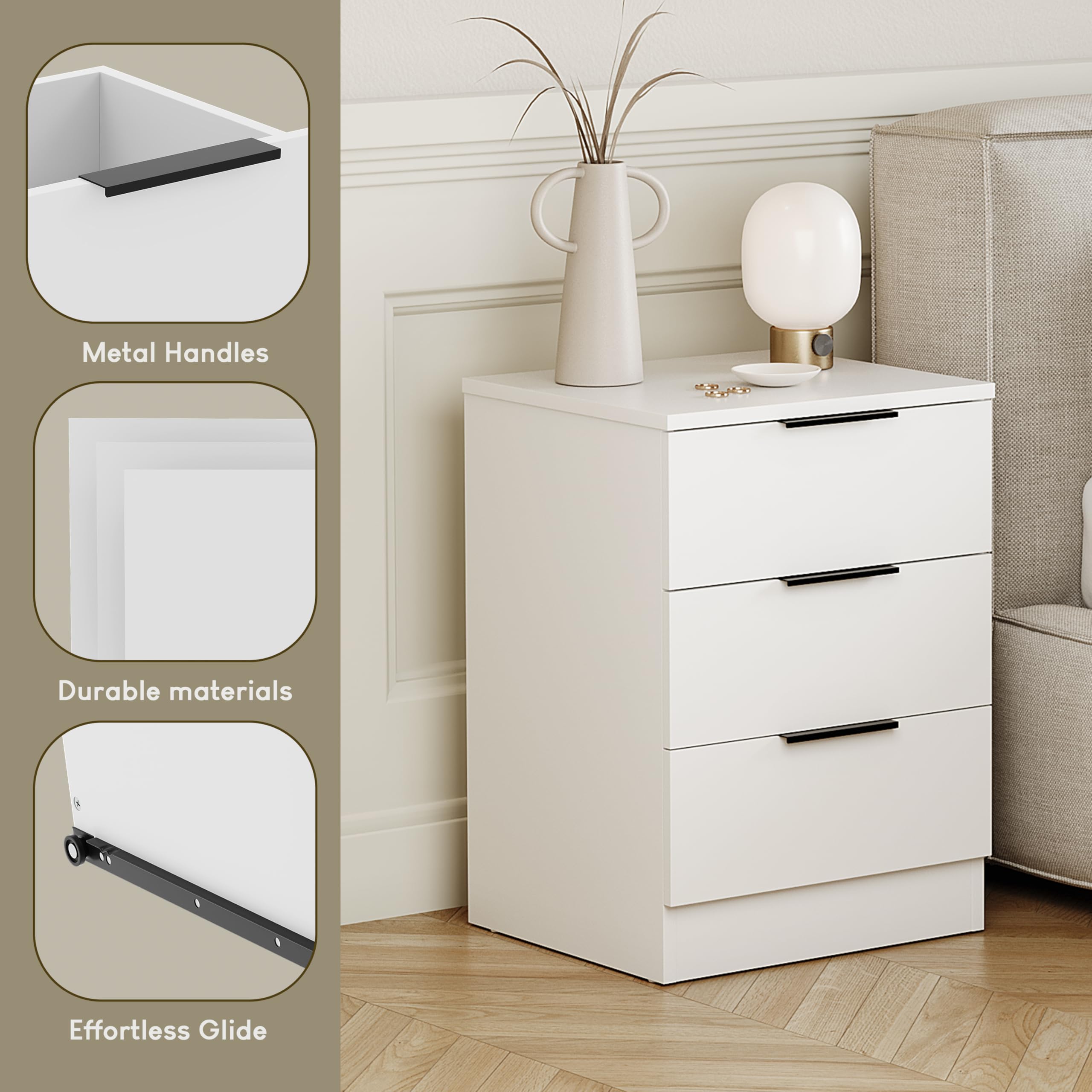 Vida Designs Trega - Comodino a 3 cassetti, compatto, salvaspazio, 50 x 39 x 28 cm, in legno ingegnerizzato, cassetti scorrevoli, maniglie nere moderne, ideale per camera da letto e camera degli