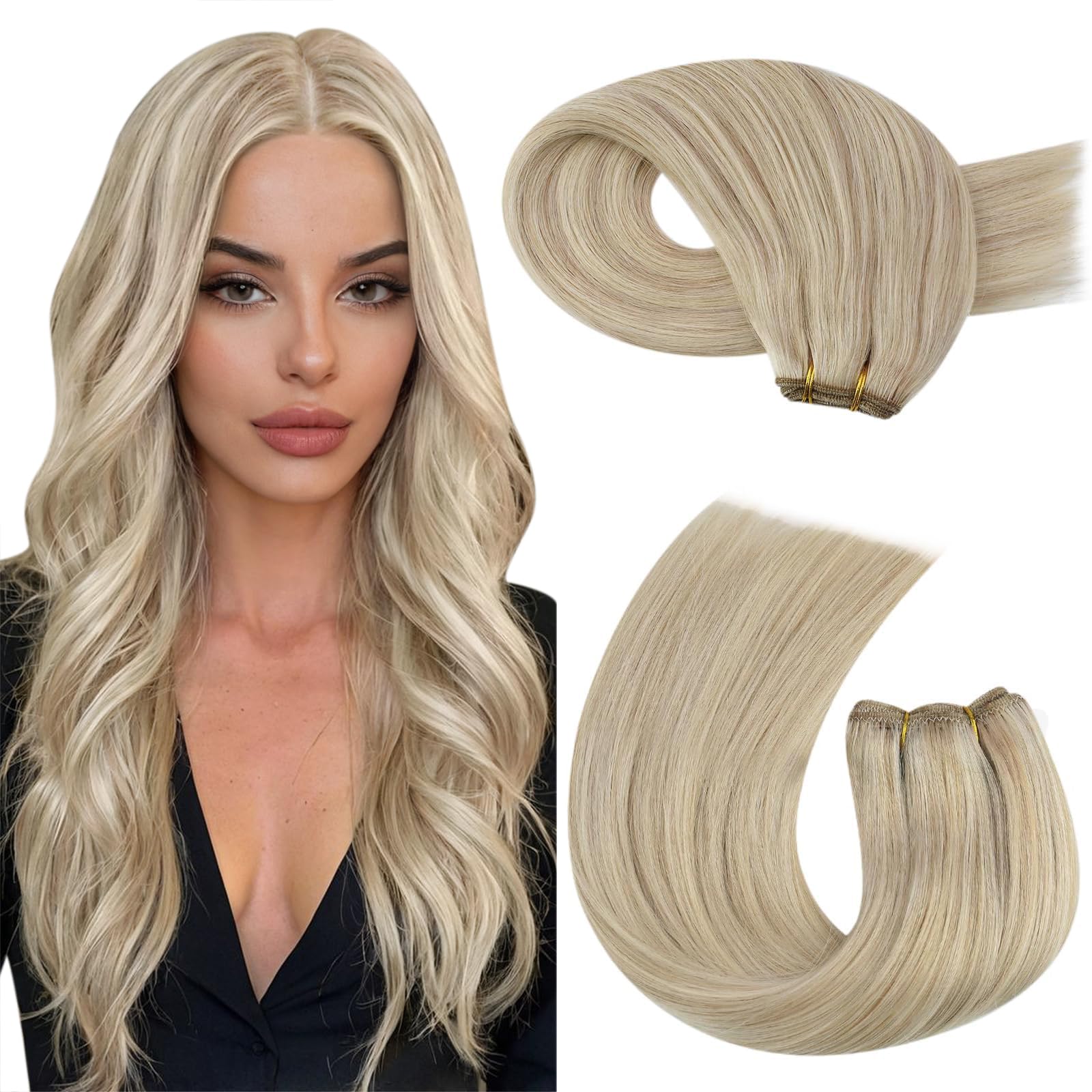 Moresoo Blonde Weft Hair Extensions Real Human Hair Ash Blonde with Platinum Blonde Double Weft Sew in Human Hair Extensions One Piece for Daily Wedding Use 22 Inch 100g/pack #P18/613