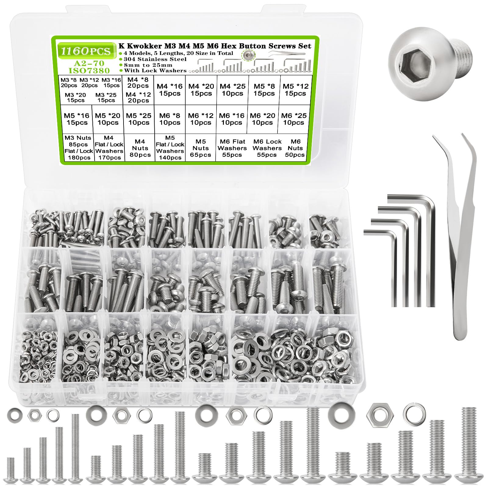 M3 M4 M5 M6 Nuts and Bolts Assortment Kit 20 Size 8MM to 25MM 304 Stainless Steel Hex Button Head Cap Metric Machine Screws, 1160Pcs Silver Bolts and Nuts Kit with Lock Washers for Screws