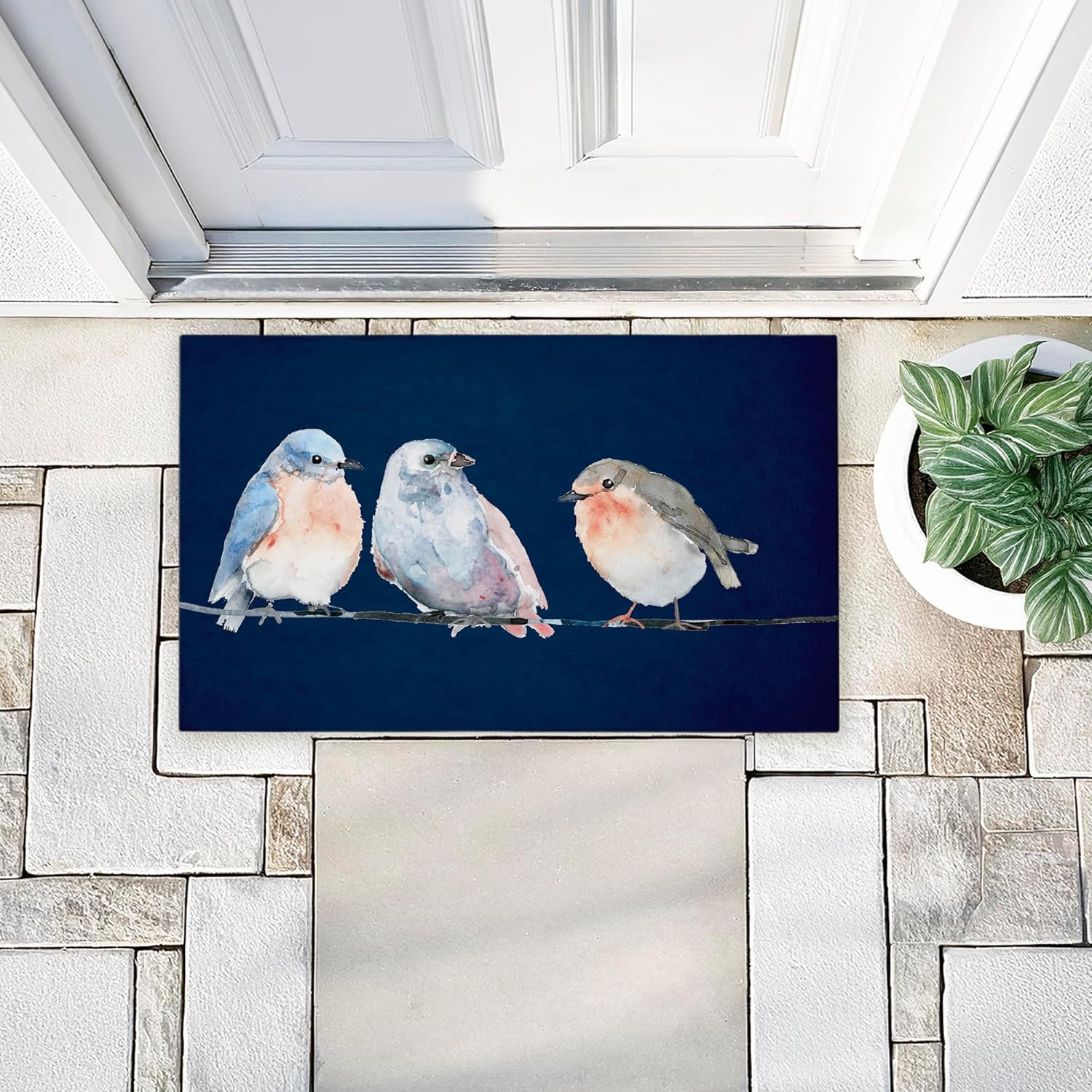 Stupell Industries Perched Trio of Song Birds Outdoor Door Mat, Durable Non-Slip Unwoven Mat with Recycled Rubber Backing, Weather-Resistant Nature Birdwatching Design by Lorenzo Collective, 18"x30"