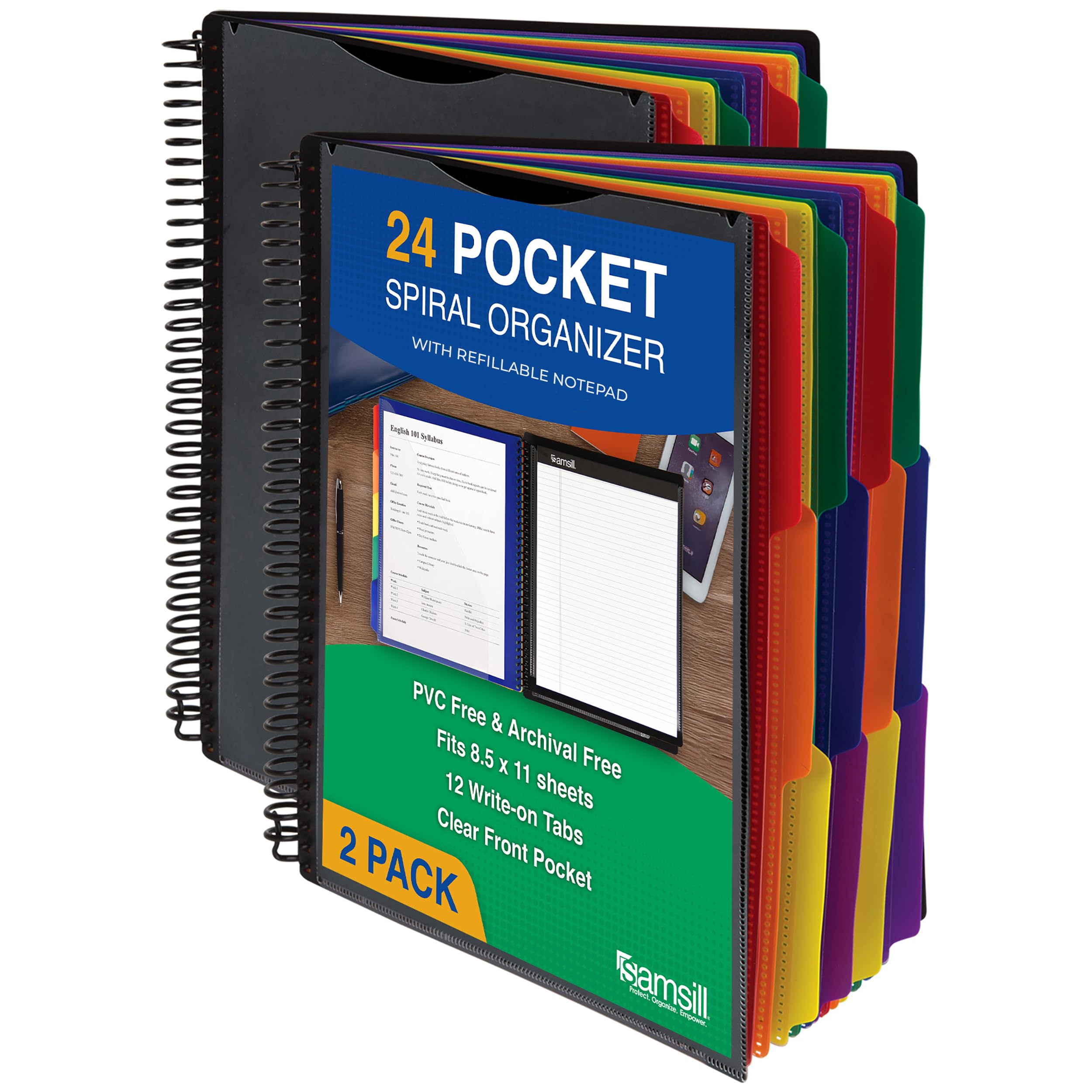 2 Pack Deluxe 24 Pocket Spiral Project Organizer with Refillable Notepad, Customizable Front Cover, 12 Dividers with Erasable Write-On Tabs in Assorted Colors, Plastic Folders with Pockets