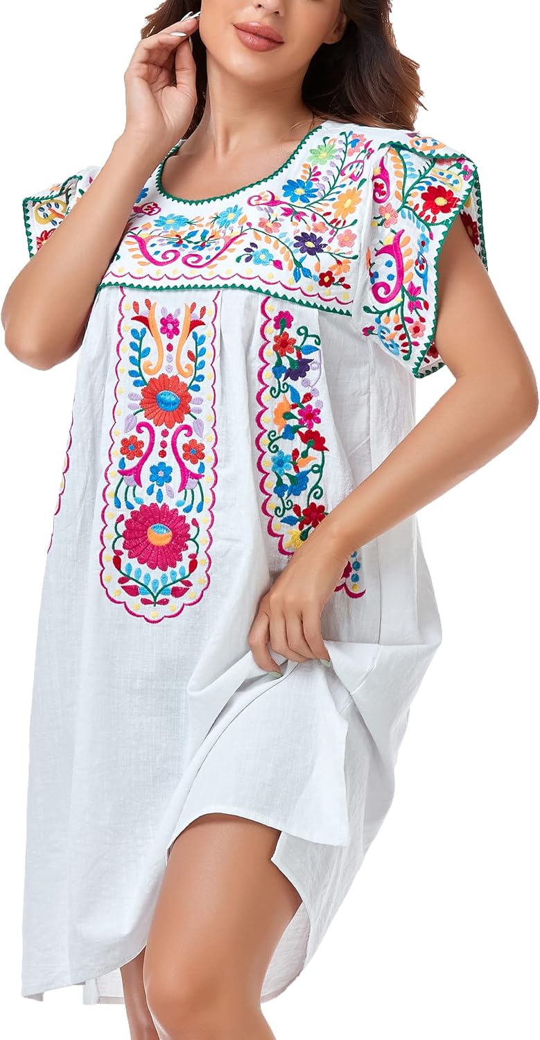 YZXDORWJ Women Summer Mexican Embroidered Boho Peasant Dress Petal Sleeve - Image 6