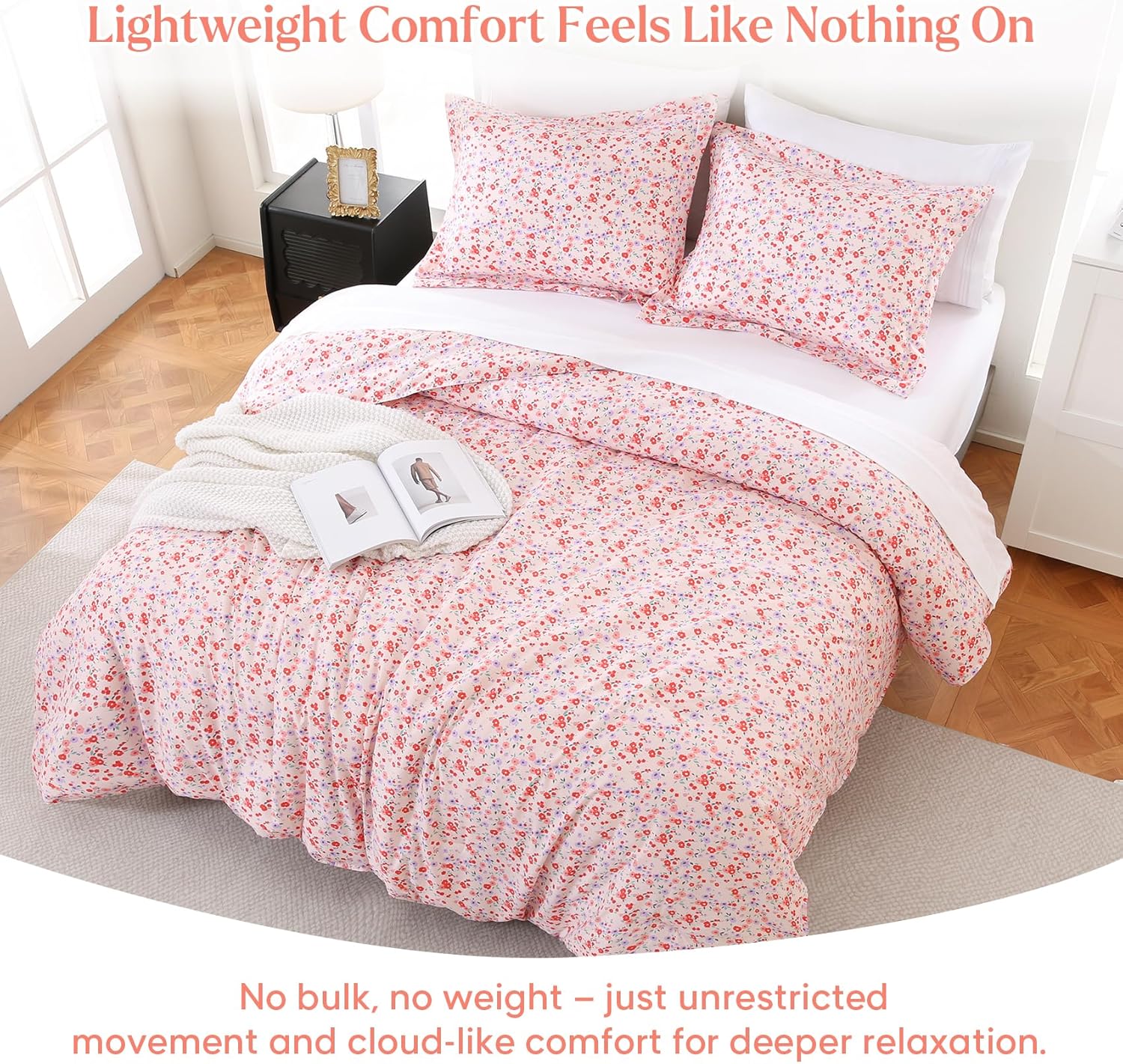 King Size Comforter Set, Lightweight Summer Bedding Comforter Sets, Pink Floral Cute Patterned Soft Breathable All-Season Comforters with 2 Pillow Shams