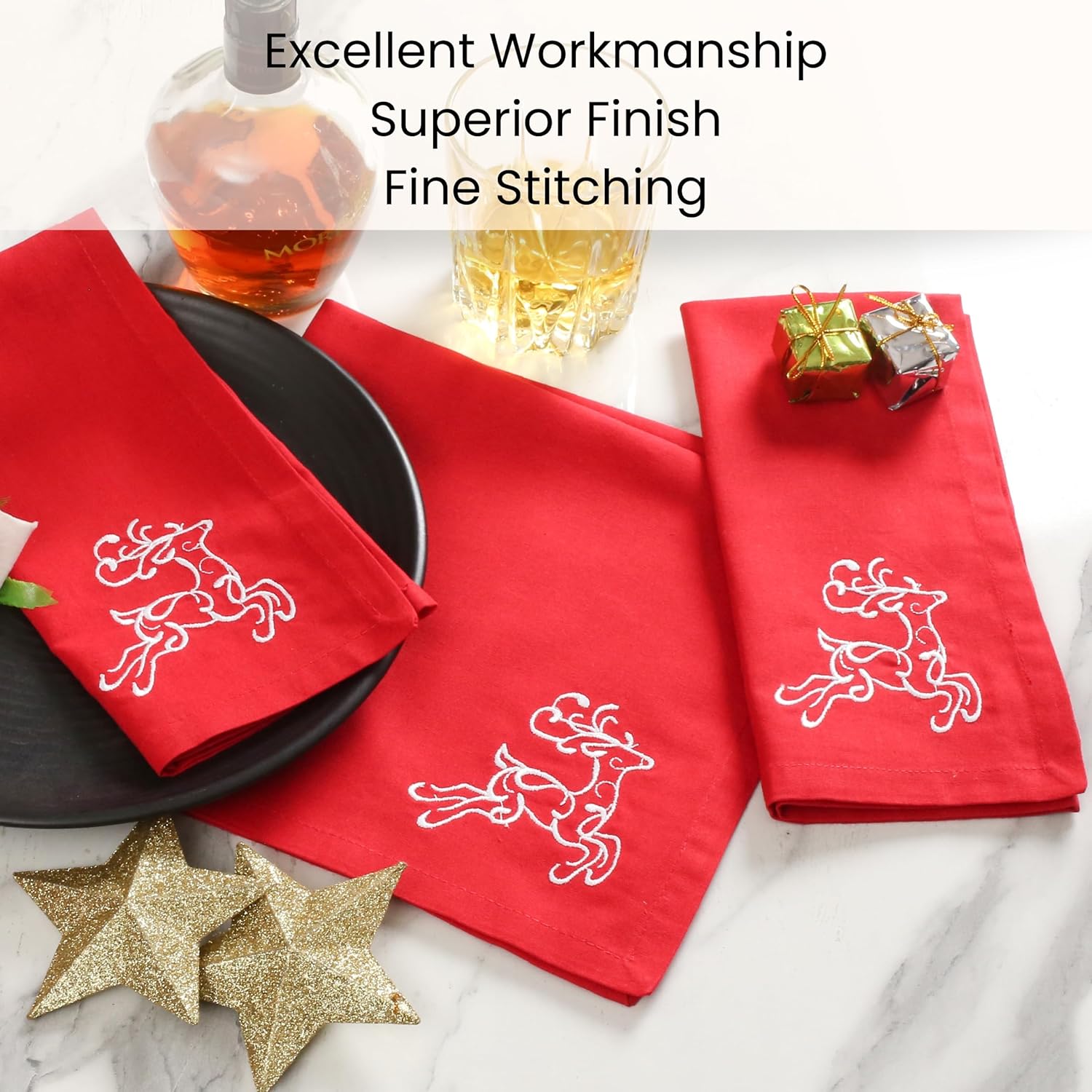 Cotton Clinic Christmas Napkins - Xmas Cloth Dinner Napkins 100% Cotton Set of 6 - Soft Durable Washable - Holiday Napkins 18x18 Embroidered - Christmas Reindeer Cloth Dinner Napkins