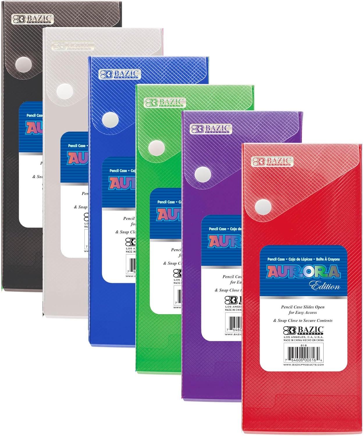 BAZIC PRODUCTS Slider Pencil Case, Utility Storage Box Snap Closure, Translucent Assorted Color Multi Purpose Organizer, 36-Pack