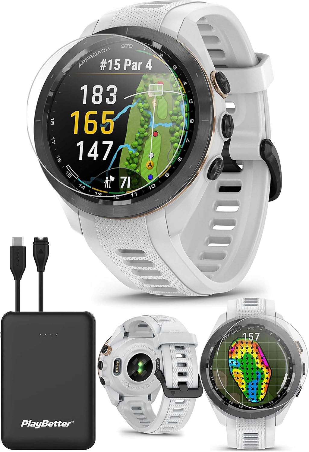 Garmin Approach S70 (Black, 47mm) Golf GPS Watch | Premium Smartwatch with AMOLED Display, Virtual Caddie  Playslike Distance | Bundle with PlayBetter Screen Protectors  Portable Charger