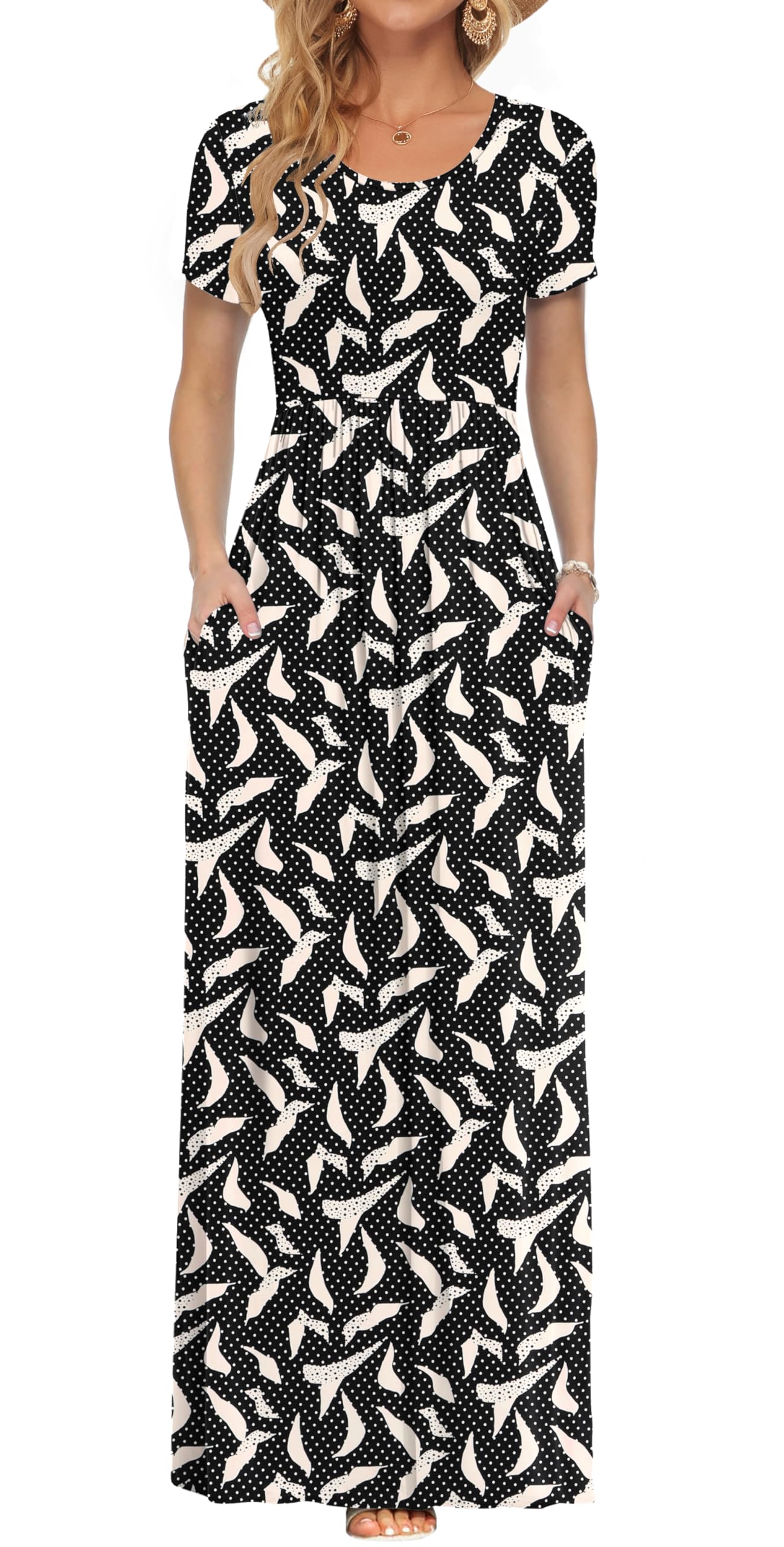AUSELILY Women's Summer Short Sleeve Loose Plain Casual Long Maxi Dresses | Year Round wear solid floral print, Casual wear, Empire waist, Floor length, Side pockets