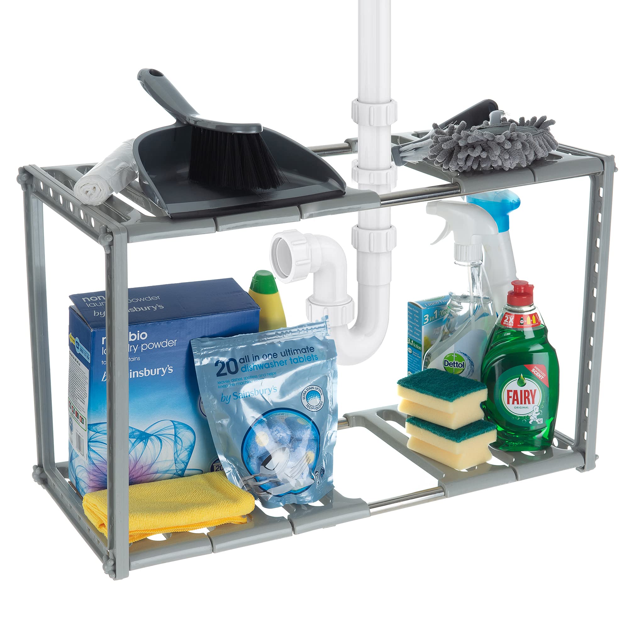 Fineway Grey Under Sink Storage For Kitchen - 2 Tier Kitchen Cupboard Storage Organiser With Customisable & Adjustable Dividers Shelf - Kitchen Cupboard Organiser For Bathroom & Cleaning Products