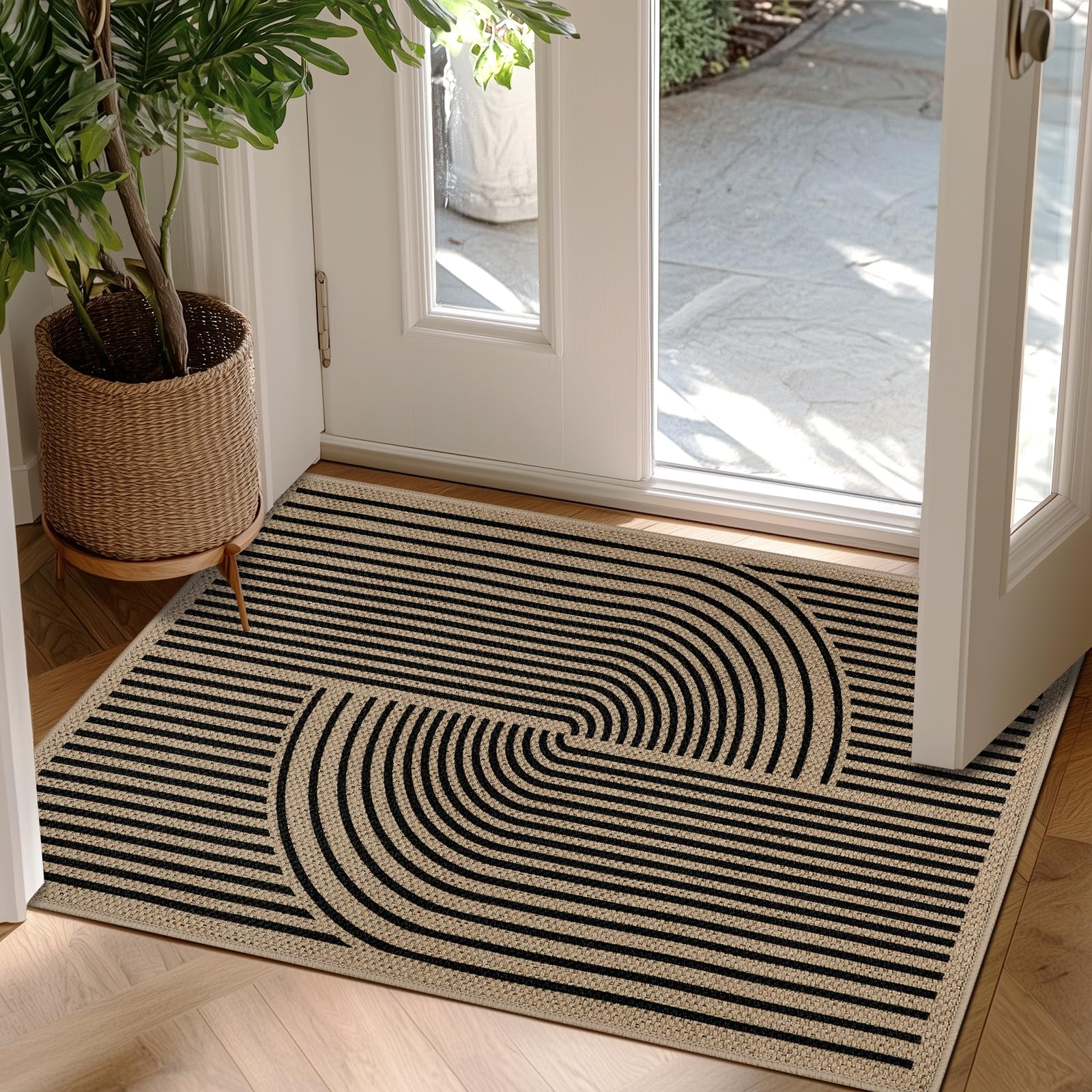 Homcomodar Door Mats Indoor 60 x 90 cm Non Slip Front Door Mat Inside Washable Dirt Trapper Absorbent Doormats Inside Geometric Lines Low Profile Doormat for Entryway Kitchen Bedroom, Patio, Brown