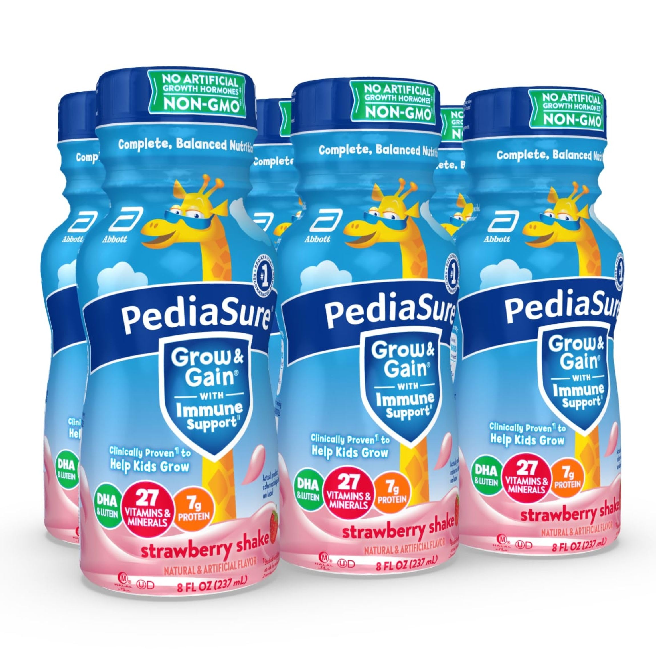 PediaSure Grow & Gain with Immune Support, 27 Vitamins & Minerals for Kids, 7g Protein, Non-GMO, Gluten-Free, Strawberry, 8-fl-oz Bottle, Pack of 6