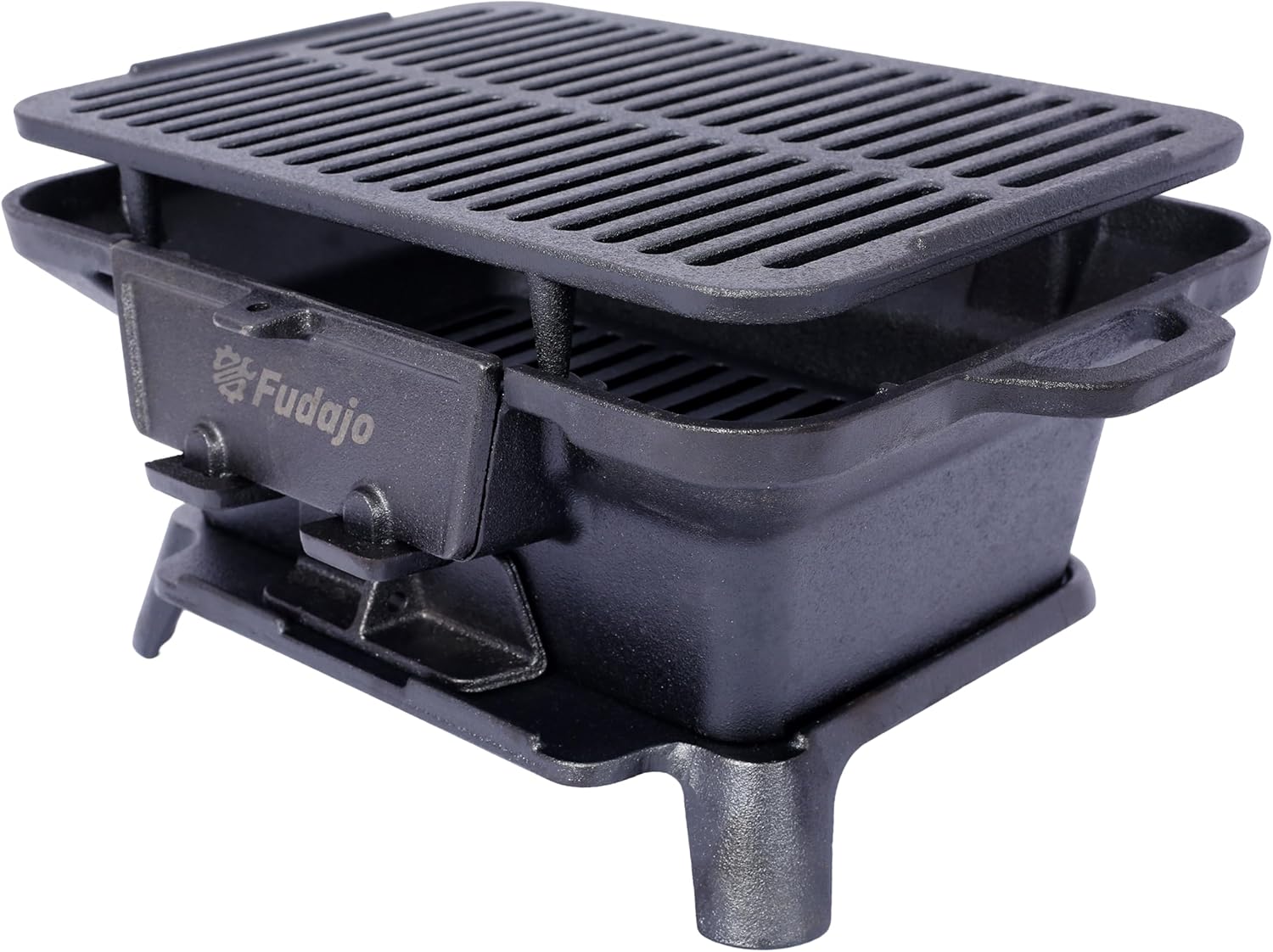 Portable Cast Iron Grills Outdoor, Rectangular Tabletop Charcoal Grill with Skillet, Durable Small Hibachi Griller for Camping, Tailgating, BBQ, Hunting, 19.6 Inches, Black, 26 lbs