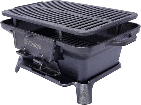 Oval Cast Iron Grill Outdoor, Portable Charcoal Grill and Tabletop Skillet - 100% Cast Iron, Enameled, Durable, Small Charcoal Grill, Camping Stove, Hibachi Grill