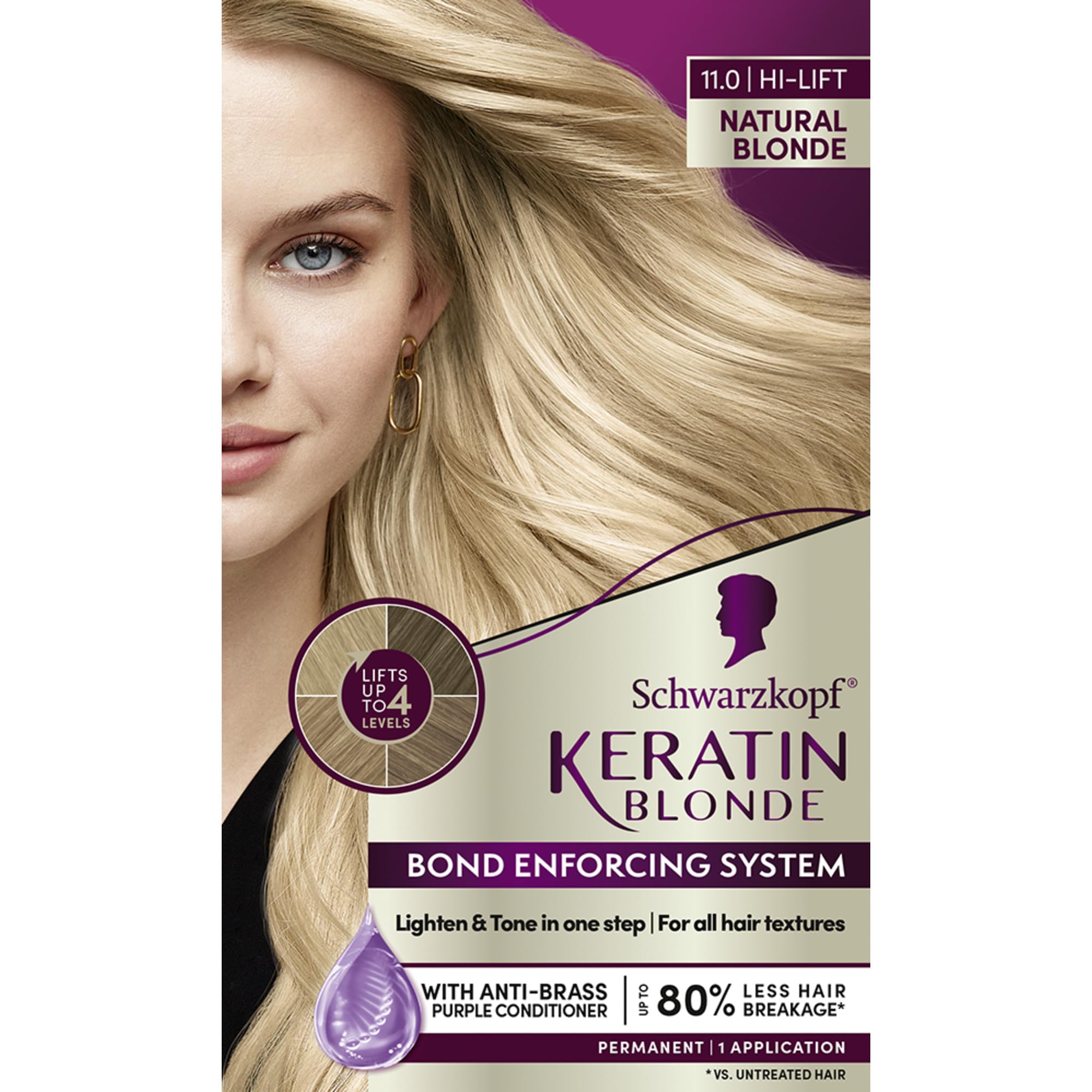 Schwarzkopf Keratin Blonde Hair Dye, 11 High Lift Natural Blonde, Professional Quality Permanent Hair Color, Bond Enforcing System, Pre-Color Serum & Purple Conditioner Included