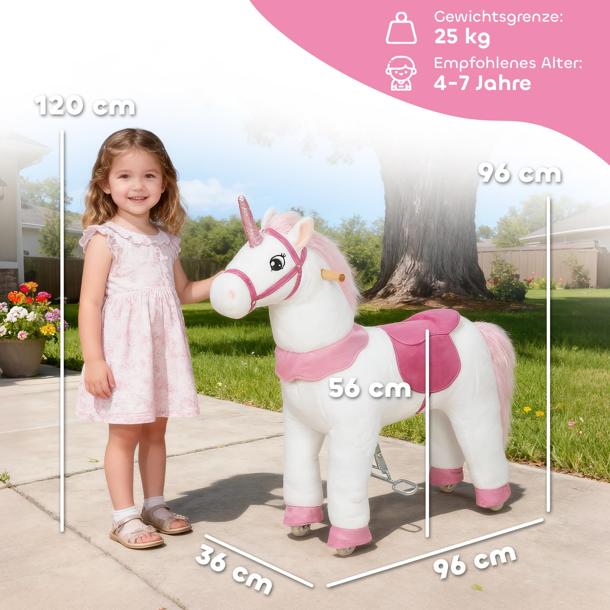 AIYAPLAY Reitpferd auf Rollen Spielpferd zum Reiten Stehpferd mit Einhorn-Design, Plüschpferd für 4-7 Kinder Weiß