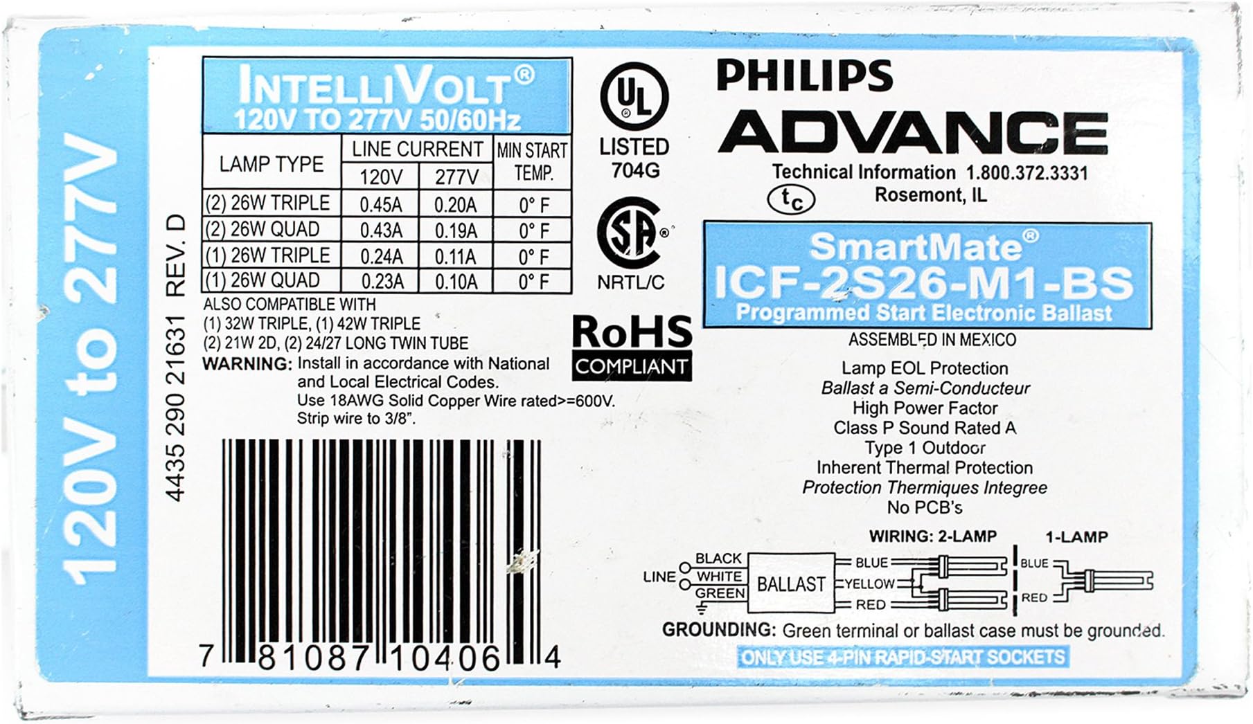 Advance ICF-2S26-M1-BS Compact Fluorescent Ballast, 1 or 2 Lamp, 26W Quad/Triple CFL, 120/277V