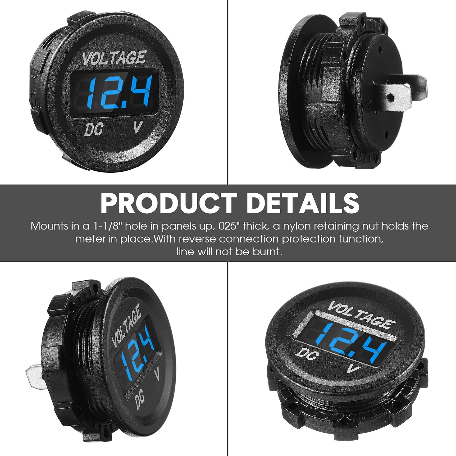 Frienda 4 Pieces DC 12V Car Voltage Gauge LED Display Waterproof Voltmeter Digital Round Panel Voltmeter Compatible with Vehicle Motorcycle Truck Camper Caravan ATV UTV Car Boat (Blue)