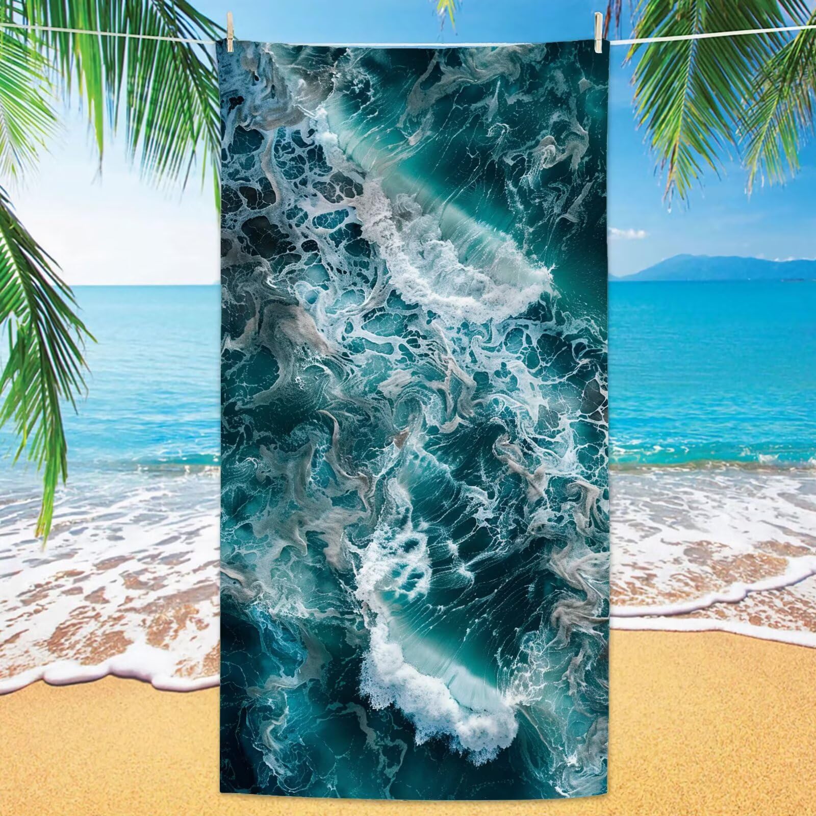 XXL Strandtuch 2er Set 100x220cm Türkis Mikrofaser Handtuch Weiches & Leichtes, Schnelltrocknend & Sandfrei, für Strand，Schwimmbad，Badetuch Groß，Reisehandtuch (Wellen) YJ-732