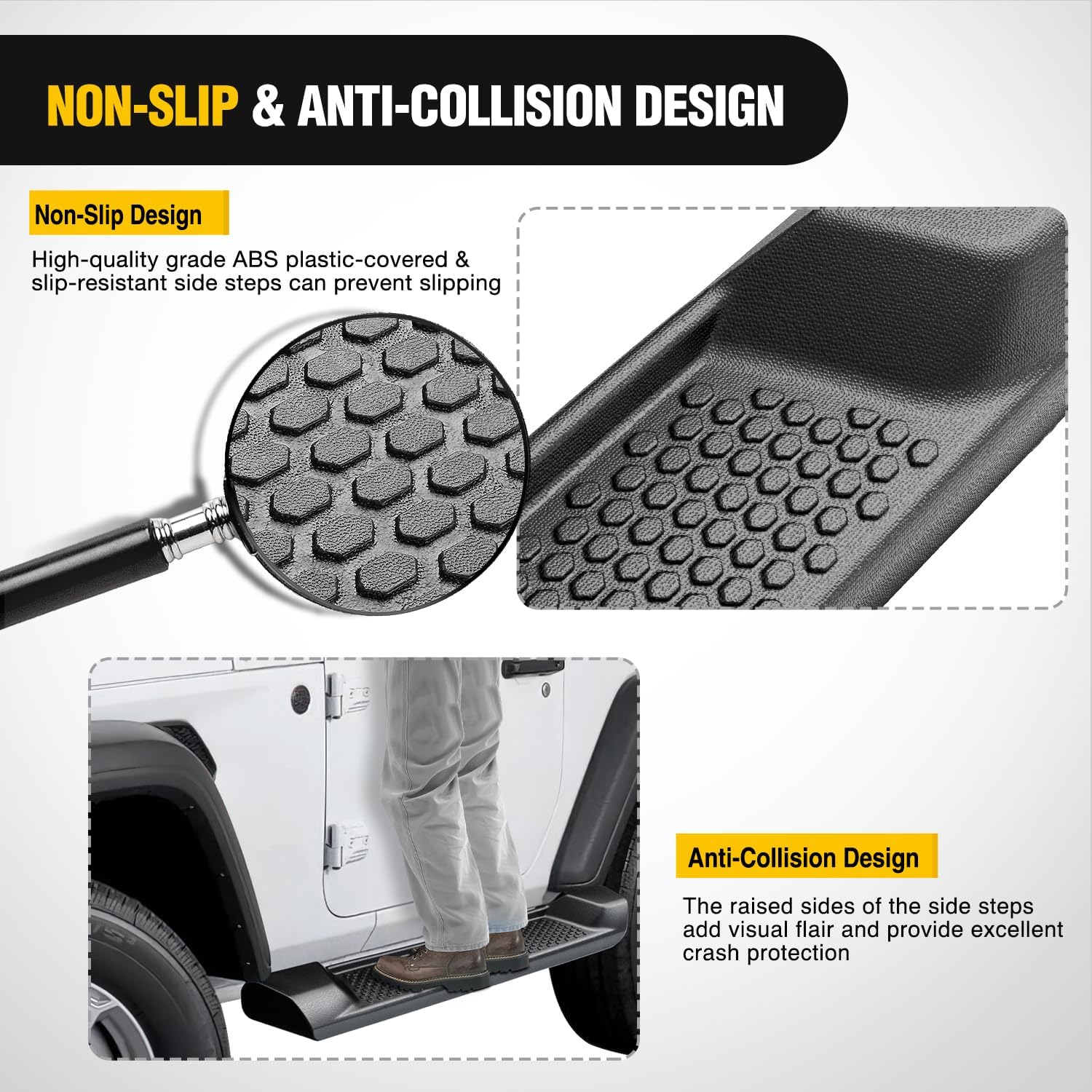 Жакын план view of the running board material layers: Heavy Duty ABS Construction, High-Strength Electro-Galvanized Layer, and Powder Coated Layer.