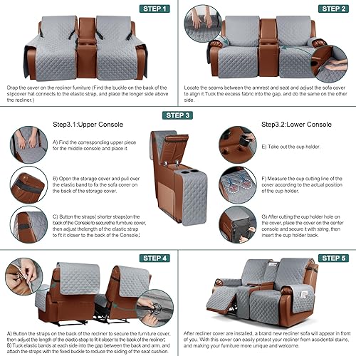 Miniatura 7 de Ruaozz Funda impermeable para sofá biplaza reclinable con consola, funda de sofá reclinable antideslizante con correas elásticas, protector de