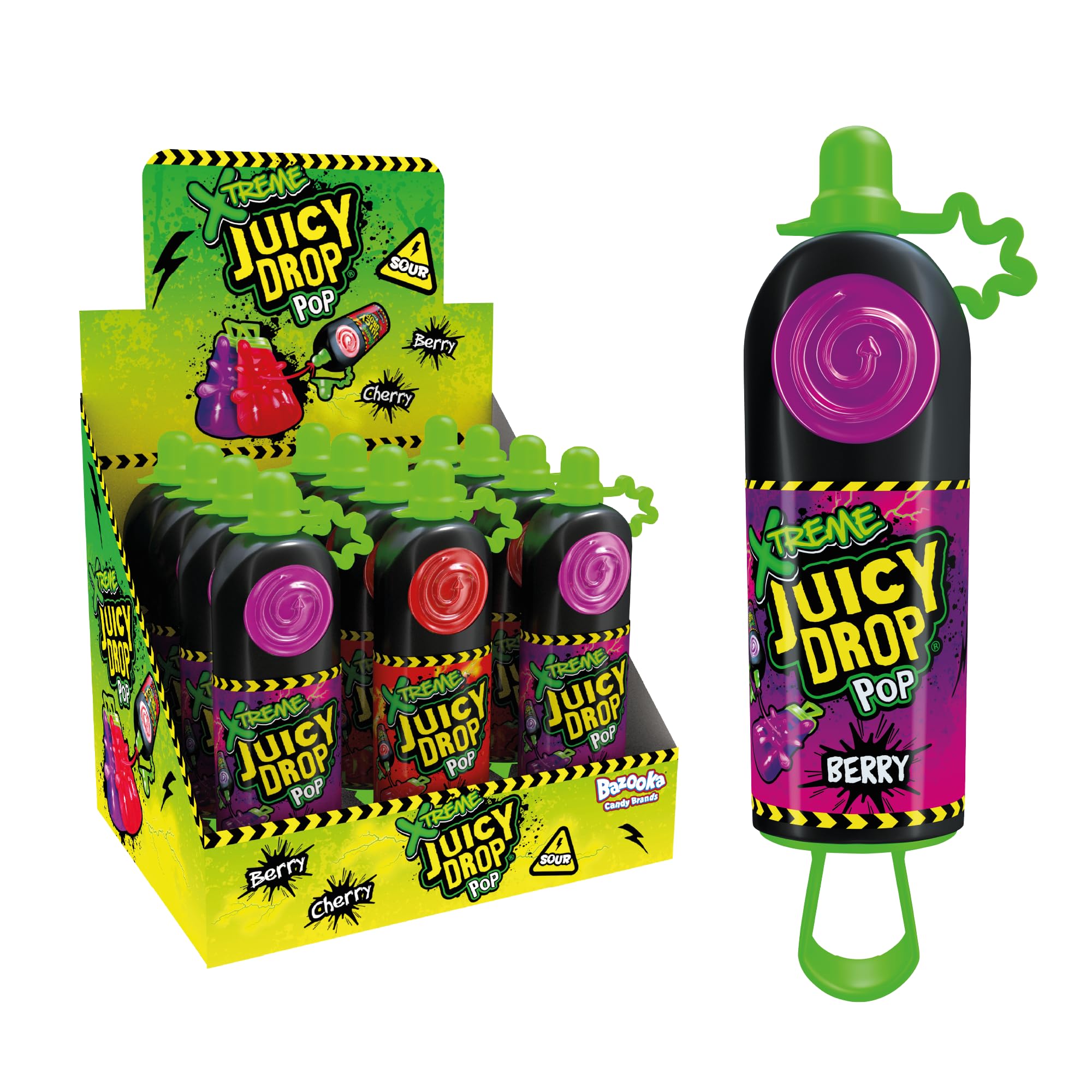 Juicy Drop Pop Xtreme Lollipops (Pack of 12 Lollipop Sweets Bulk) Sweet and Sour Kids Sweets for Party Bags, Berry and Cherry Lollies - Halal Sour Candy