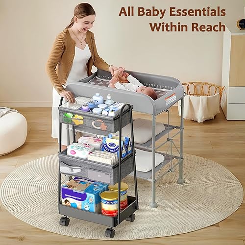 Miniatura 8 de Carrito rodante de 3 niveles Organizador de pañales para bebé, carrito utilitario de 3 niveles, artículos esenciales para el cuarto del bebé, gran