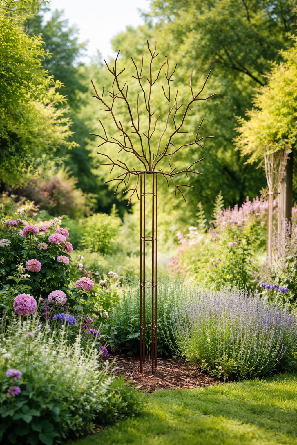 Rankturm aus Eisen Edelrost 215 cm – Rankhilfe Baumform für Clematis & Rosen – Metall Rankobelisk Garten – Gartendeko Rost